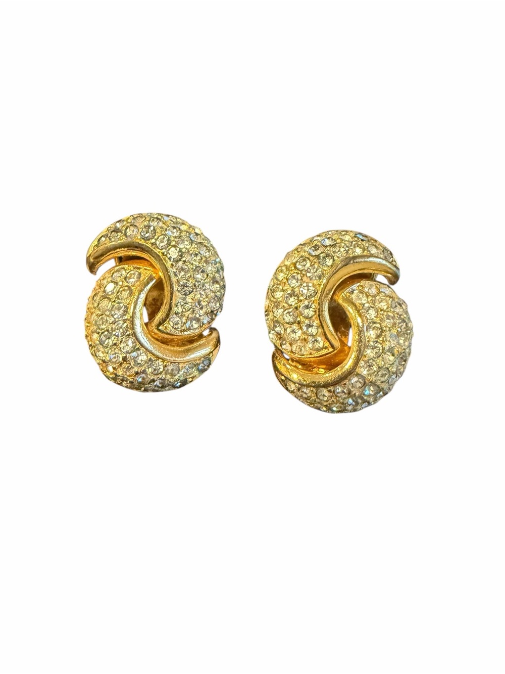 Vintage Christian Dior Gold Tone Rhinestone Swirl Clip Earrings